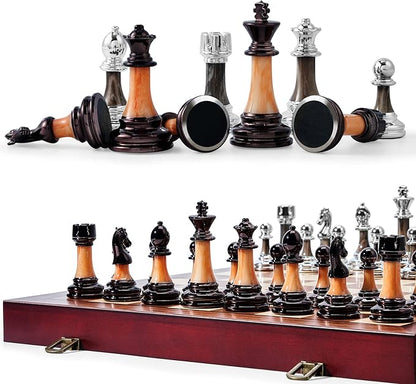 VAMSLOVE Chess Set Large 16''/42cm Folding Wooden Board with Deluxe Weighted Acrylic Chess Pieces - 3.5 King with Storage Slots for Adults House Warming Retirement Gift