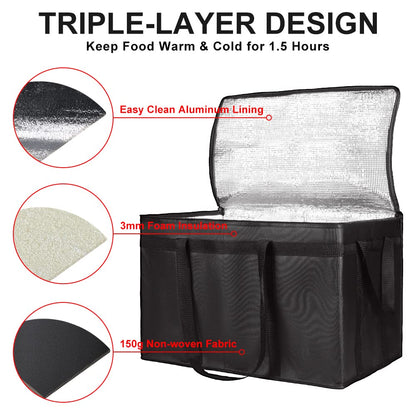 CIVJET Insulated Food Delivery Bag, XXXL Insulated Reusable Grocery Cooler/Hot Bags, Tote Bag for Shopping/Travel, Catering Bag 22x14x13, Black, 3-Pack