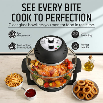 Granitestone 16 Qt Large Glass Air Fryer Non Toxic – Family Sized Airfyrer Cooker with 3 Cooking Sections, Stainless Steel Racks, No Preheat, Self Cleaning, Dishwasher Safe - Black