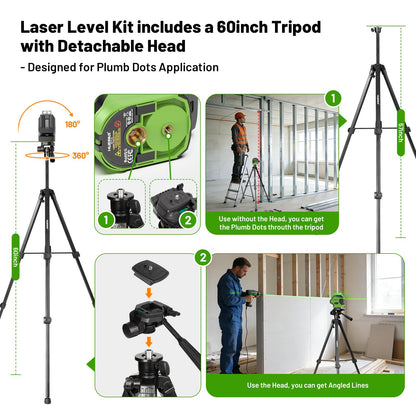 Laser Level with Tripod 60 Inch, Huepar Self Leveling Laser Level with 2 Plumb Dots -Green Cross Line Laser Leveler Tool with 360° Horizontal and 140° Vertical Line for Construction & Home Use 621CGT