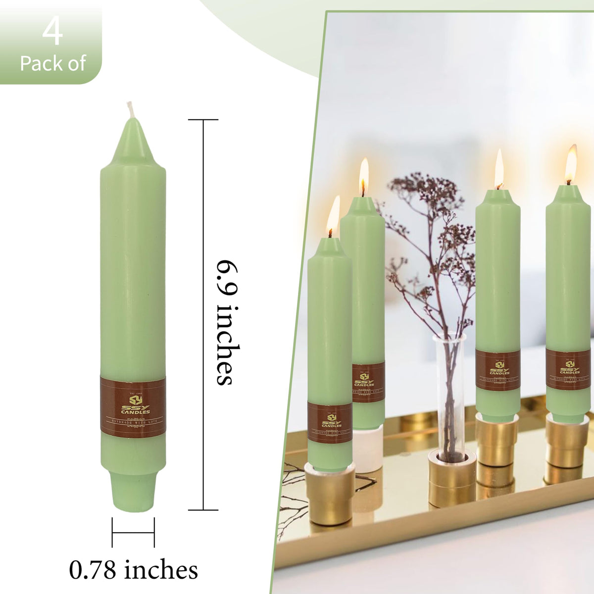 Unscented Taper Candles 7 in Small Candlesticks Light Green Candles 4 Pack for Dinner Household Wedding Party Home Décor
