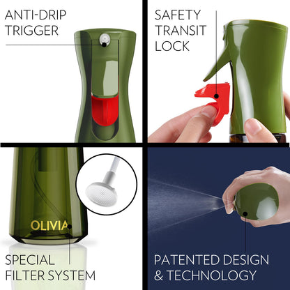 FLAIROSOL OLIVIA Oil Sprayer for Cooking, 200ml Glass Olive Oil Sprayer, Continuous Cooking Spray with Portion Control, Oil Dispenser for Kitchen, Air Fryer, Salad, BBQ (Green Bottle, Gold Print)