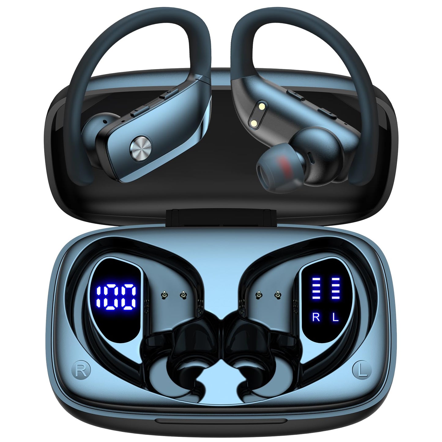 bmani Ear Buds Wireless Earbuds Bluetooth Headphones with 80H Playtime LED Display Case, Over-Ear Hook with Mic, Stereo Sound, Easy Button Controls, Sports Earphones for Running Workout Gym Black