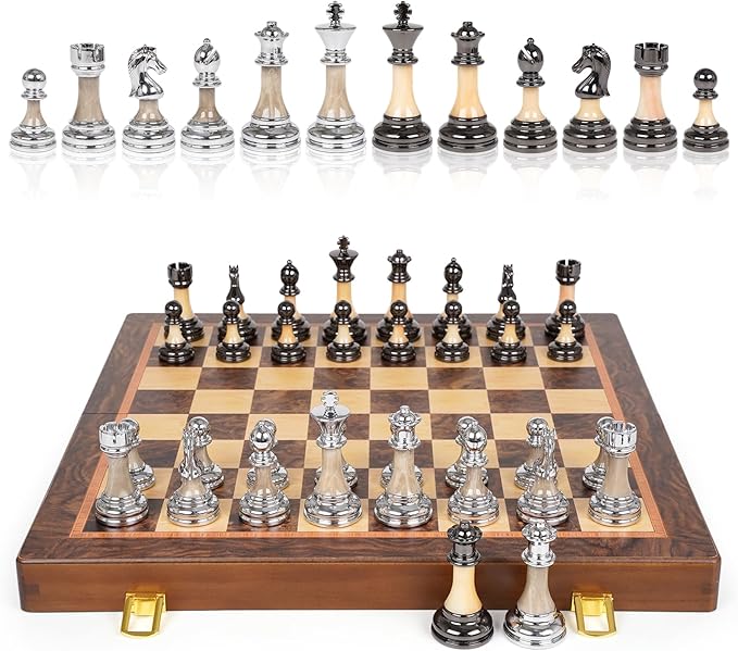 Luxury Large Chess Set 17 Inch Wooden Chess Board with Metal and Acrylic Chess Pieces 3.5 King 2 Extra Queens Foldable Tournament Chess Set for Adults and Kids Gift Display Chess Game Collection