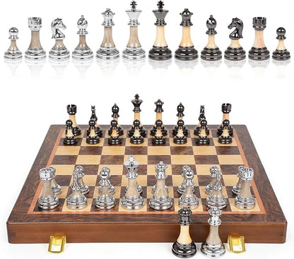 Luxury Large Chess Set 17 Inch Wooden Chess Board with Metal and Acrylic Chess Pieces 3.5 King 2 Extra Queens Foldable Tournament Chess Set for Adults and Kids Gift Display Chess Game Collection