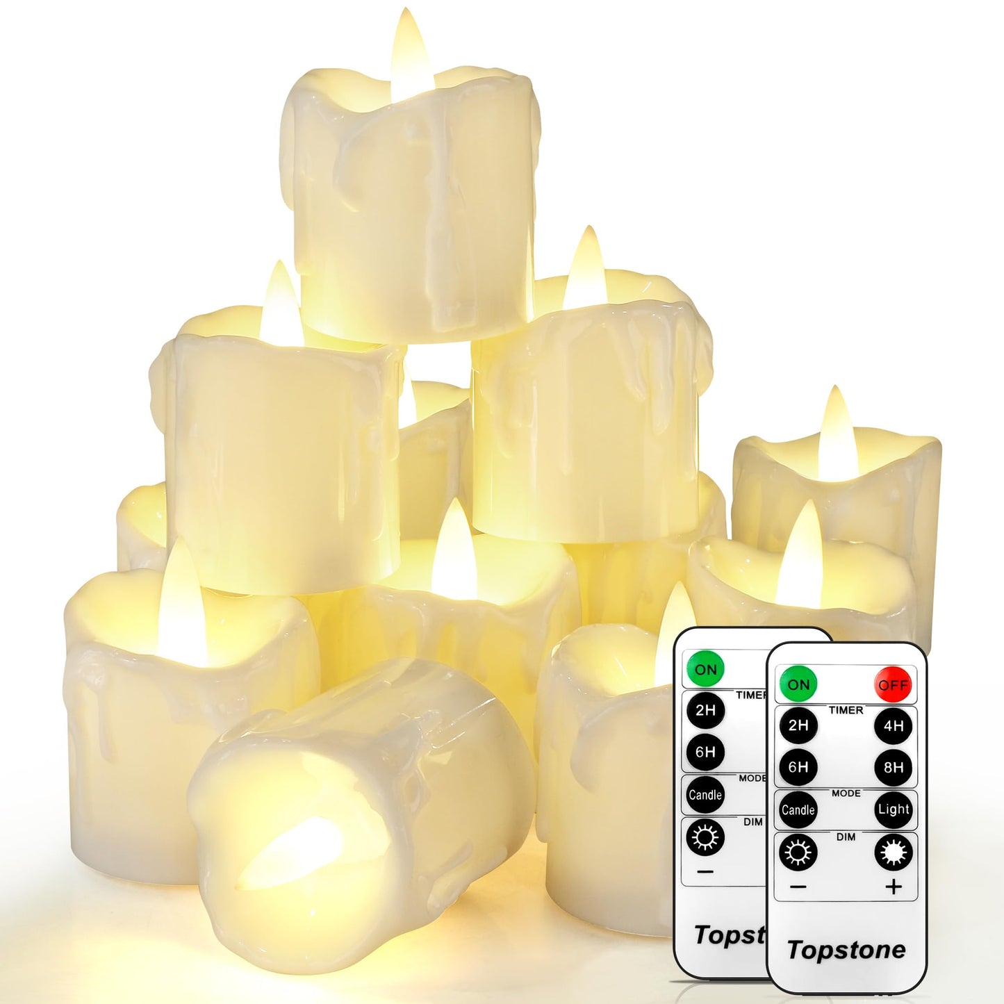 Topstone Flameless Candles 12 Pack with 2 Remotes Timer,Battery LED Tealights,Electric Candles,400H Long Lasting CR2450,Flickering or Steady Light,Dimmable for Home Decor Wedding Christmas