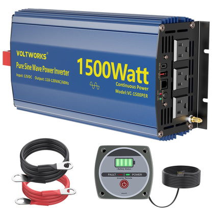 Power Inverter 1500W Pure Sine Wave Inverter 12V to 110V 120V AC with PD36W USB-C Builtin UL Fuse 15FT Remote with Battery Monitor Compatible with Lithium Battery Statlink for Car Off-Grid Solar RV