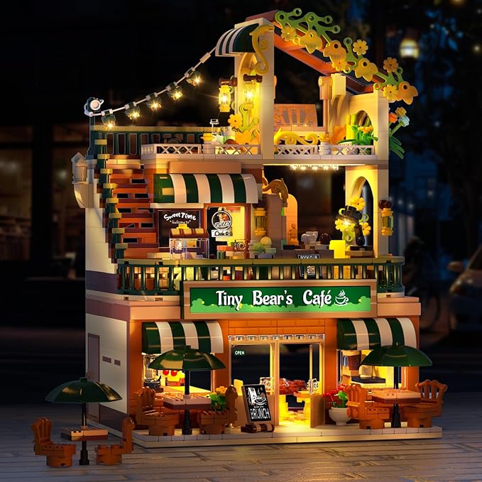 City Coffee House Building Set with Light 1173 PCS Cafe Shop Building Block Toy with Ordering Counter Baking Room House Construction Model Gift for Adults Teens Kids Boys Girls Ages 6-12+