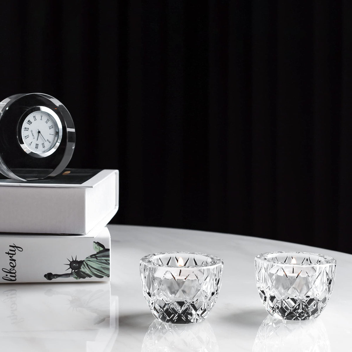 Kitcom Crystal Tealight Candle Holders Pack of 2 for Wedding Party Dinner Table Home Decor Hand-Cut W2.4'' X H1.7'', Clear