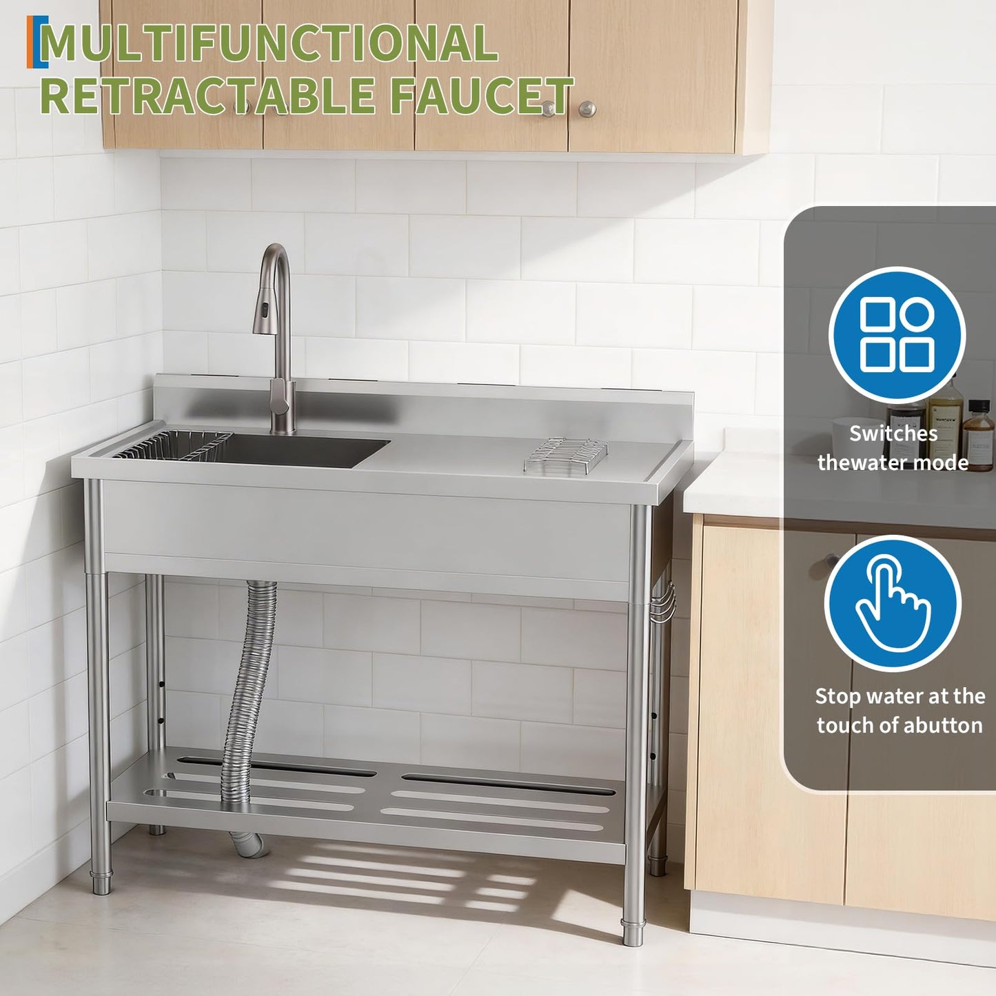 Commercial Stainless Steel Utility Sink with Drainboard, Freestanding Single Bowl Prep Sink with Work Table & Pull-Out Faucet, for Restaurant Kitchen, Garage, Outdoor