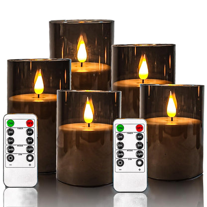 NICEME Gray Flickering Flameless Candles, Battery Operated Acrylic LED Pillar Candles with Remote Control and Timer Flameless Halloween Candles for Christmas New Year Home Decor, Set of 5
