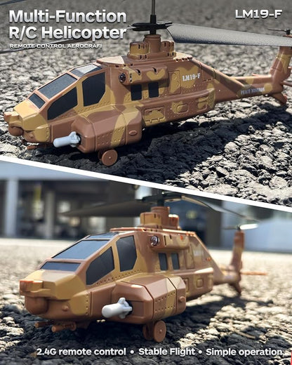 RC Helicopter with Missiles 2.4GHz Remote Control Army Helicopter for Beginners &amp Adults Military Helicopter LED Lights Altitude Hold One-Key Take Off Gift for Military Fans (Brown)