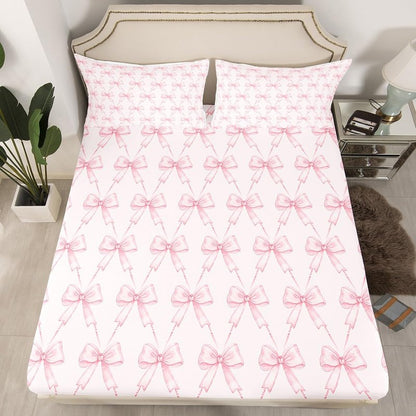 jejeloiu Bow Sheet Set King Size Pink Girls Bow Bed Sheets Set Boys Girls Cute Bowknot Sheets with Deep Pocket Fitted Sheet for Kids Women Men Kawaii Bedding Set