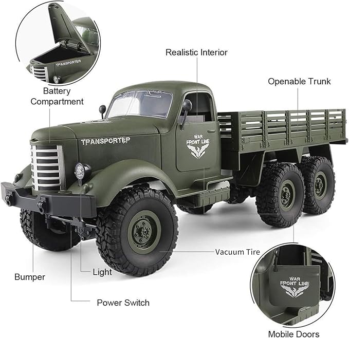 GoolRC RC Military Truck 1:16 Scale Remote Control Car 6WD RC Army Car All Terrain Off-Road RC Truck 2.4GHz Electric Military Transporter Vehicle with Headlights for Adults