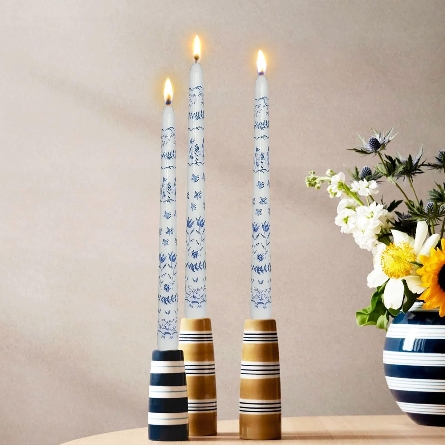 Blue and White Porcelain Candles - Mixed Flowers and Plants Taper Candlesticks 10Inch Handmade Candle Sticks for Home Wedding Party Decor Gifts Set of 2