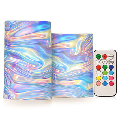 ALAZA Holographic Pattern Flameless Candles, LED Pillar Candles with Remote Timer, Battery Operated Candles Set of 2