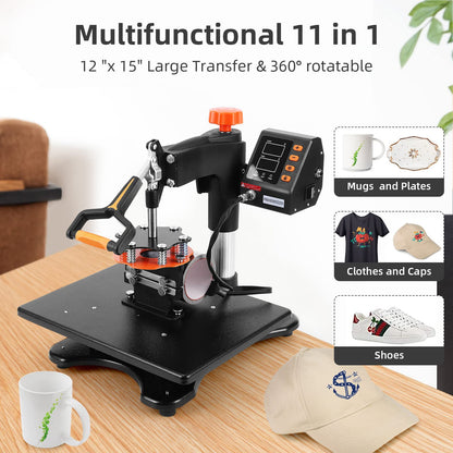 Heat Press Machine, 11-in-1 Heat Printing Machine, 12" X 15", Fast Heating,360 Degree Swing Away, Heat Transprint Machine with Various Accessories for Apparel and Bottle, Mug,Palate, Pillow and More