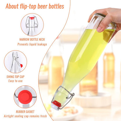 SZUAH 6-Pack 16oz Airtight Swing Top Glass Bottles – Heavy-Duty Reusable Bottles with Stopper for Home Brewing Kombucha, Beer, Vanilla Extract, Craft Sodas & More | Complete Brewing Kit