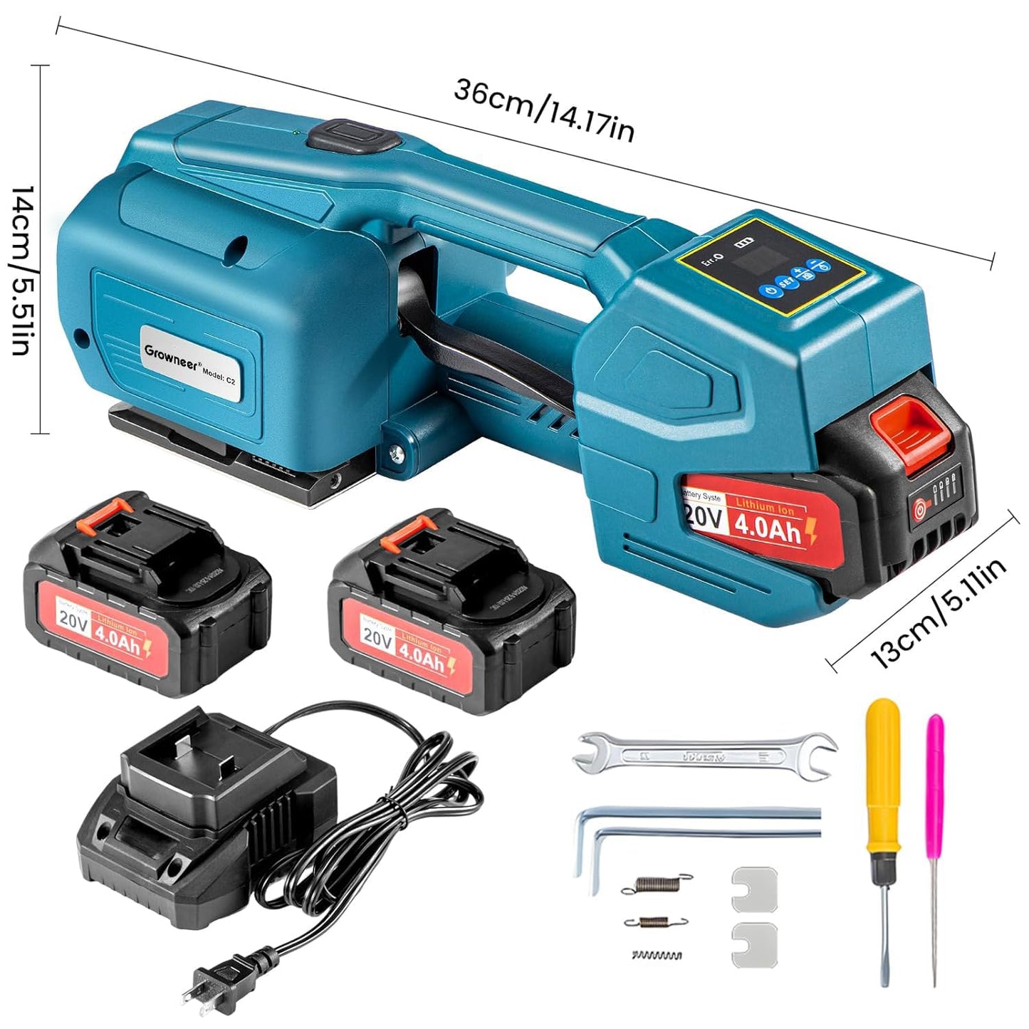 GROWNEER Electric Strapping Machine with LCD Screen, Automatic Portable Strapping Tool for 0.51"-0.63" PP PET Straps, 2 x 4000mAh Batteries, Digital Display Tensioner for Packaging Boxes and Pallets