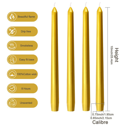 Everymoment Gold Taper Candles - 24 Pack 10 Inch Candlesticks - Dripless & Smokeless for 8 Hours - Unscented Paraffin Wax - Ideal for Wedding Christmas Anniversary New Year's Eve & Luxury Decor