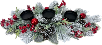 Svndlyn Christmas Candle Holder - 3 Candle Holders with Snow Flocked Pine Branches & Red Berries | Festive Table Centerpiece