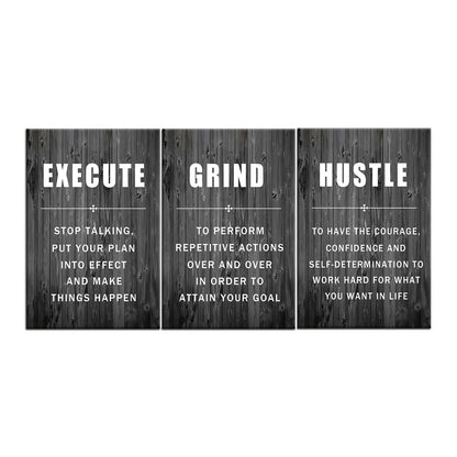 Motivational Wall Art Execute Grind Hustle Inspirational Poster 3 Pieces Canvas Prints Artwork for Living Room Modern Home Decor Painting Pictures Stretched and Framed Ready to Hang [48''Wx 24''H]