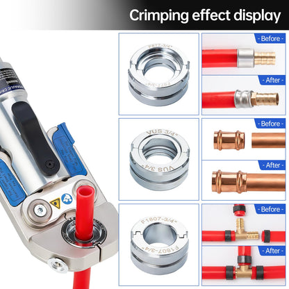 IBOSAD Hydraulic Copper Pipe Tube Fittings Crimping Tool with 30° Angle Jaw with1/2,3/4,1" Die for Copper Pipe and F877 Stainless PEX Press Sleeves,3/8" to 1" Die for F1807 Pex Pipe Copper Ring