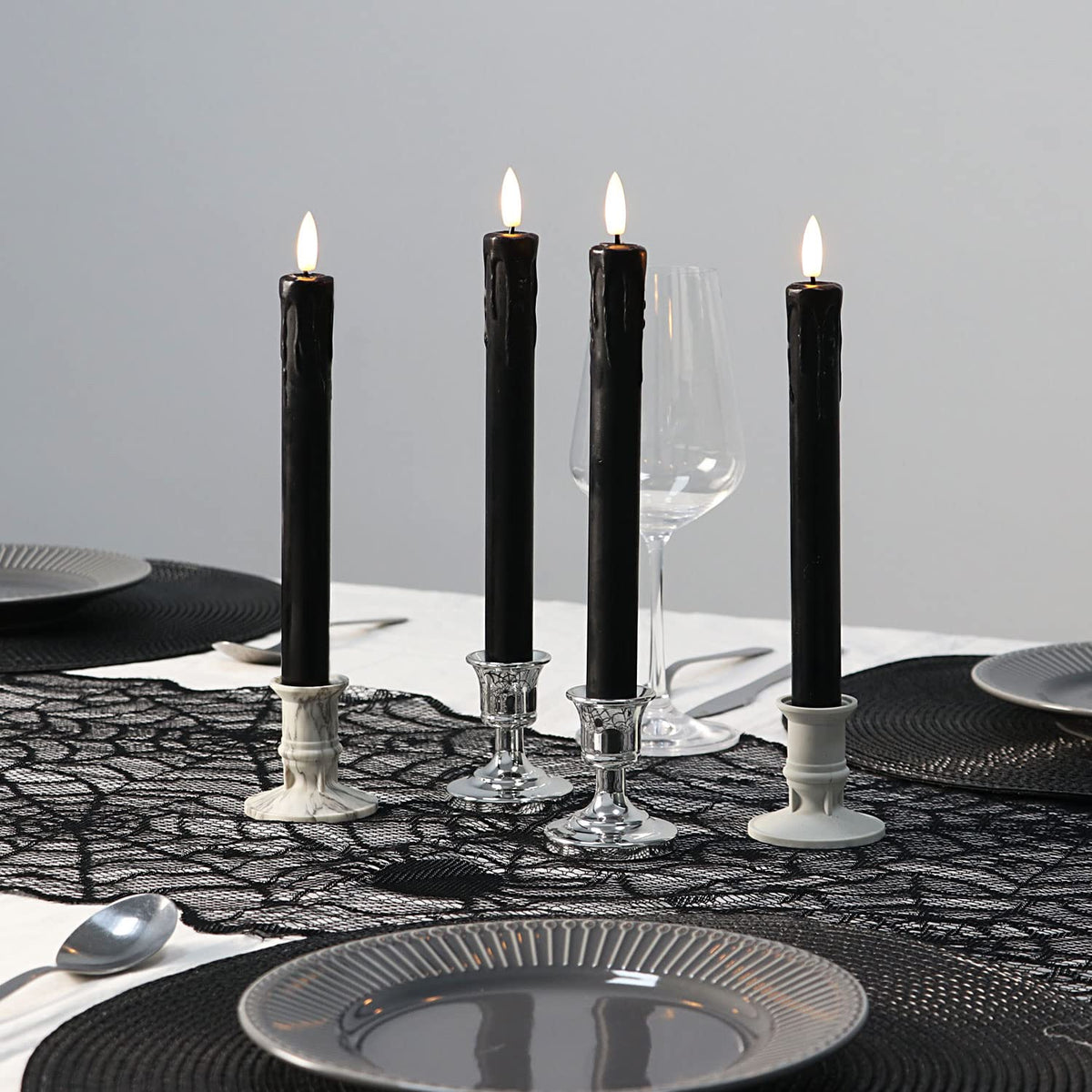 Fanna Black Flameless Taper Candles for Halloween with 2 Remotes, Real Wax Battery Operated Candles with Timer, Warm White Light, 10" Set of 6