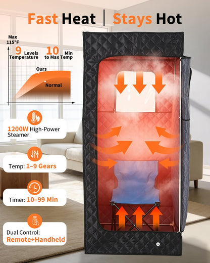 Garvee Infrared Sauna, Portable Sauna for Home with 3L 1200W Steamer, Folding Chair, Remote Control, 9 Temp Levels & 99 Min Timer, 32" x 32" x 71", Black
