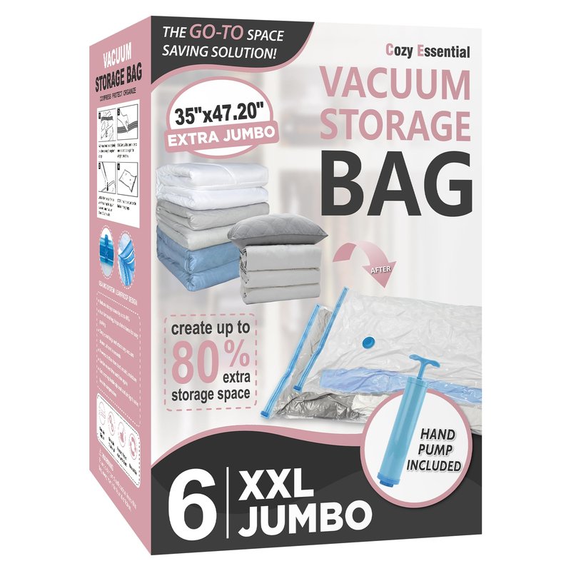 Cozy Essential Vacuum Storage Bags, 80% Compression Vacuum Seal Space Saver Plastic Packaging Bags for Clothes, Blankets, Pillow, Bedding, Comforters, Sealer Clothing Storage,6 XXL Jumbo