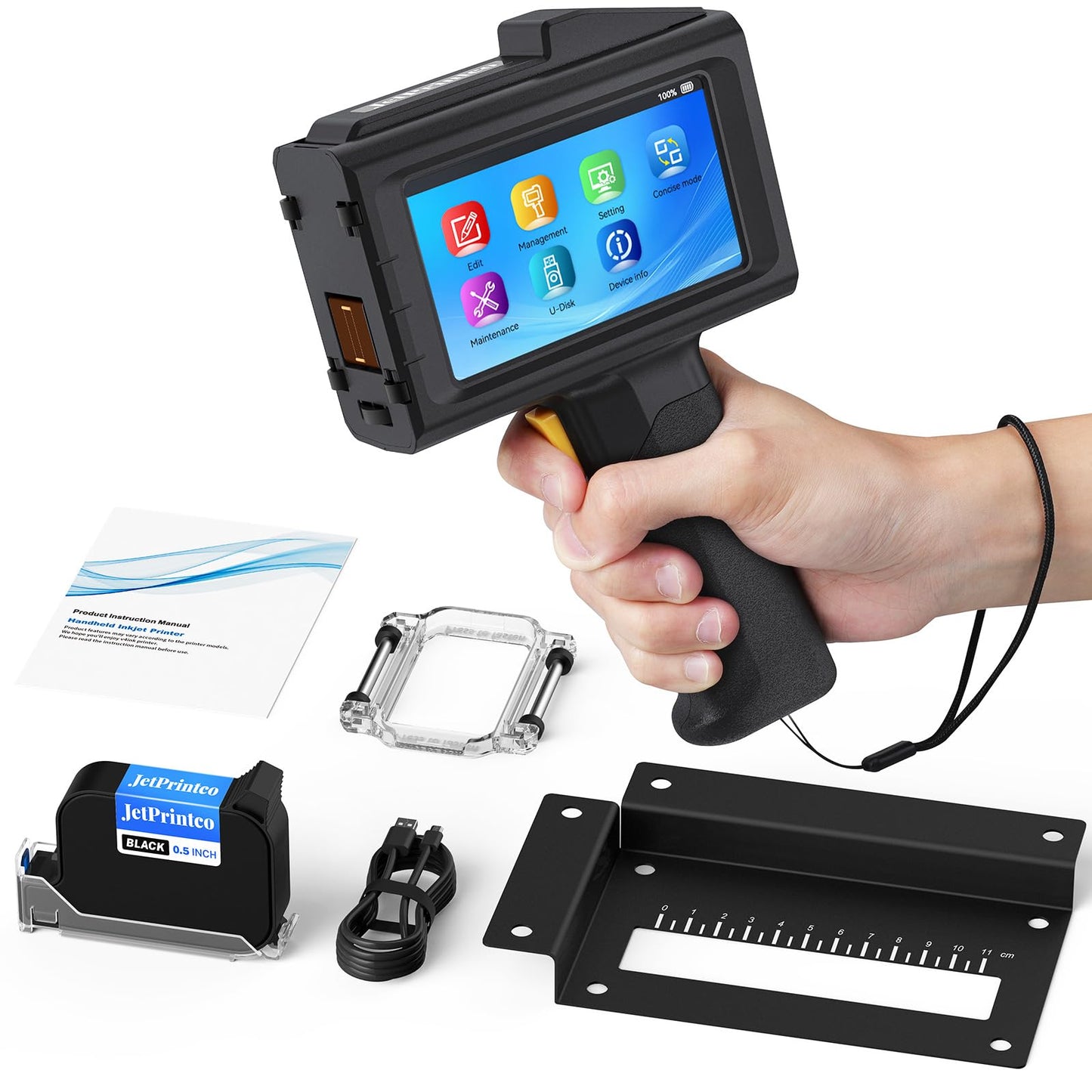 0.5 Inches Print Height Intelligent Handheld Inkjet Printer Lasts 16H Weighs Only 390g for Batch Code Date Lot Number Print on Plastic Carton Wood Metal Glass Aluminum with 42ml Fast Dry Ink (Black)