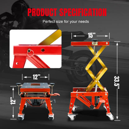 Jack Boss 350 Lbs Motorcycle Lift Jack Table, Hydraulic Foot-Operated Scissor Lift Jack for ATV Dirt Bike, Motorcycle Stand with 4 Wheels