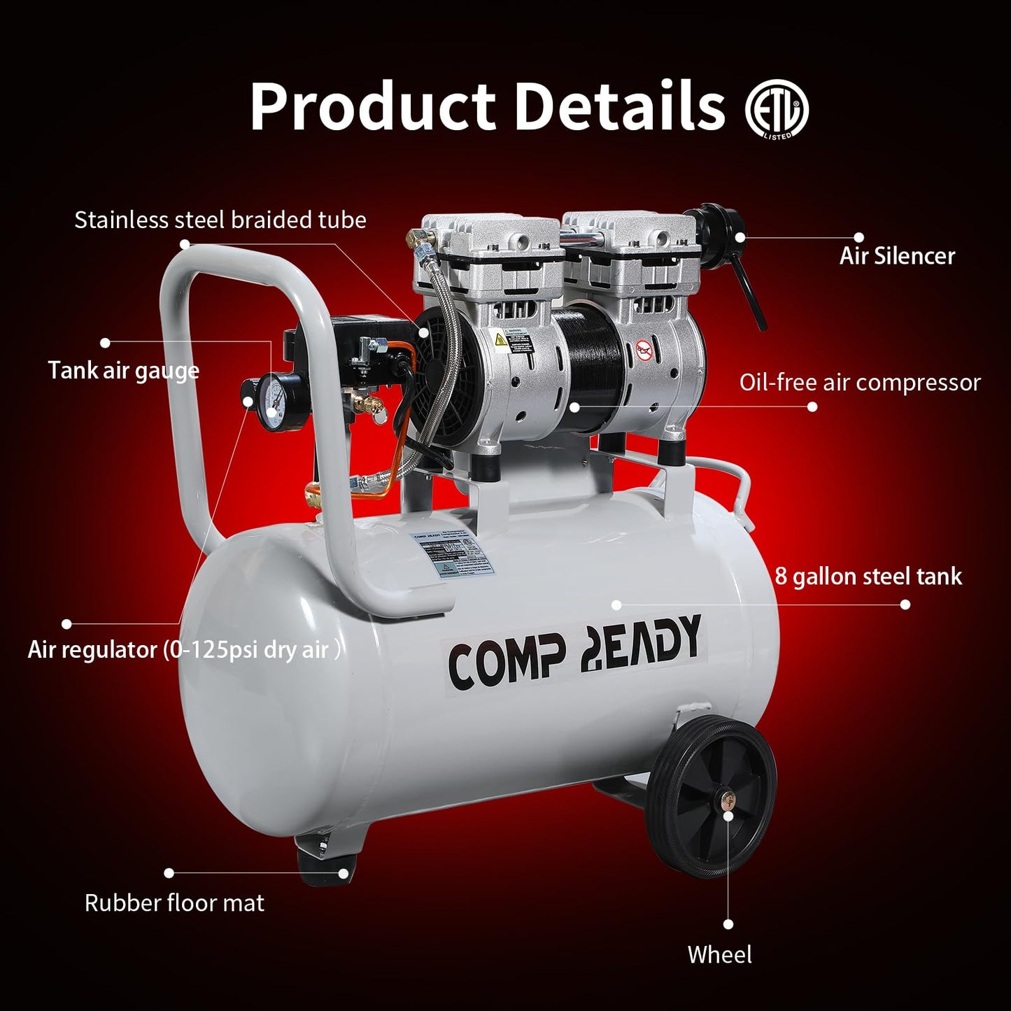 2 Gallon Portable Air Compressor 0.75HP 1.7 CFM@90PSI 60dB Ultra Quiet Oil Free Air Compressor Ideal for Tire Inflation Pneumatic Tool Spray Painting