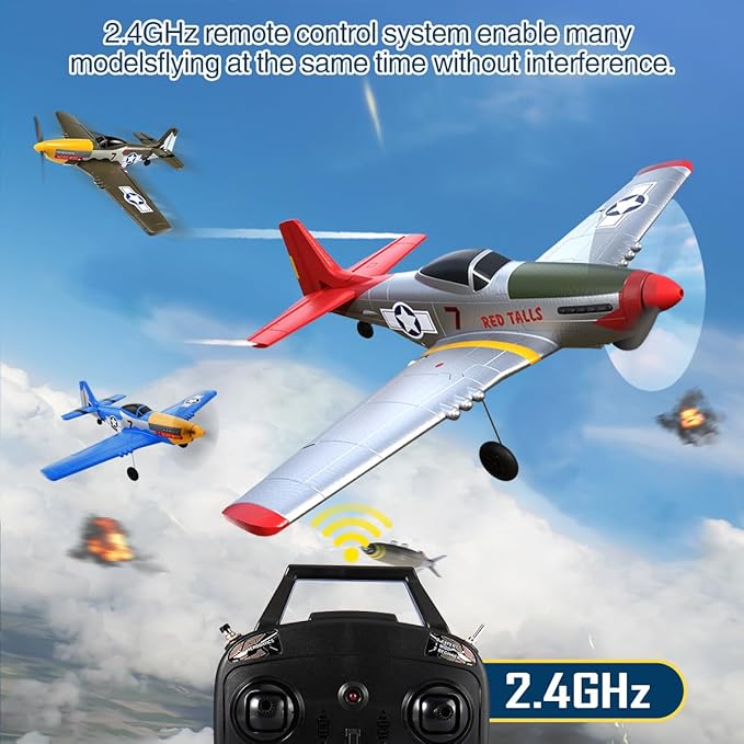 P51D Mustang RC Airplane with 6-Axis Gyro 4CH RTF Remote Control WW2 Fighter Plane 2.4GHz Anti-Jam Technology