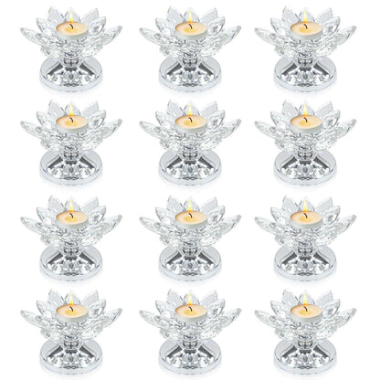 12 PCS Silver Crystal Flower Tea Light Holder, Bulk Glass Tealight Candlestick with Metal Base, Votive Candle for Table Centerpiece, Wedding,Parties Decor, Nice Gift