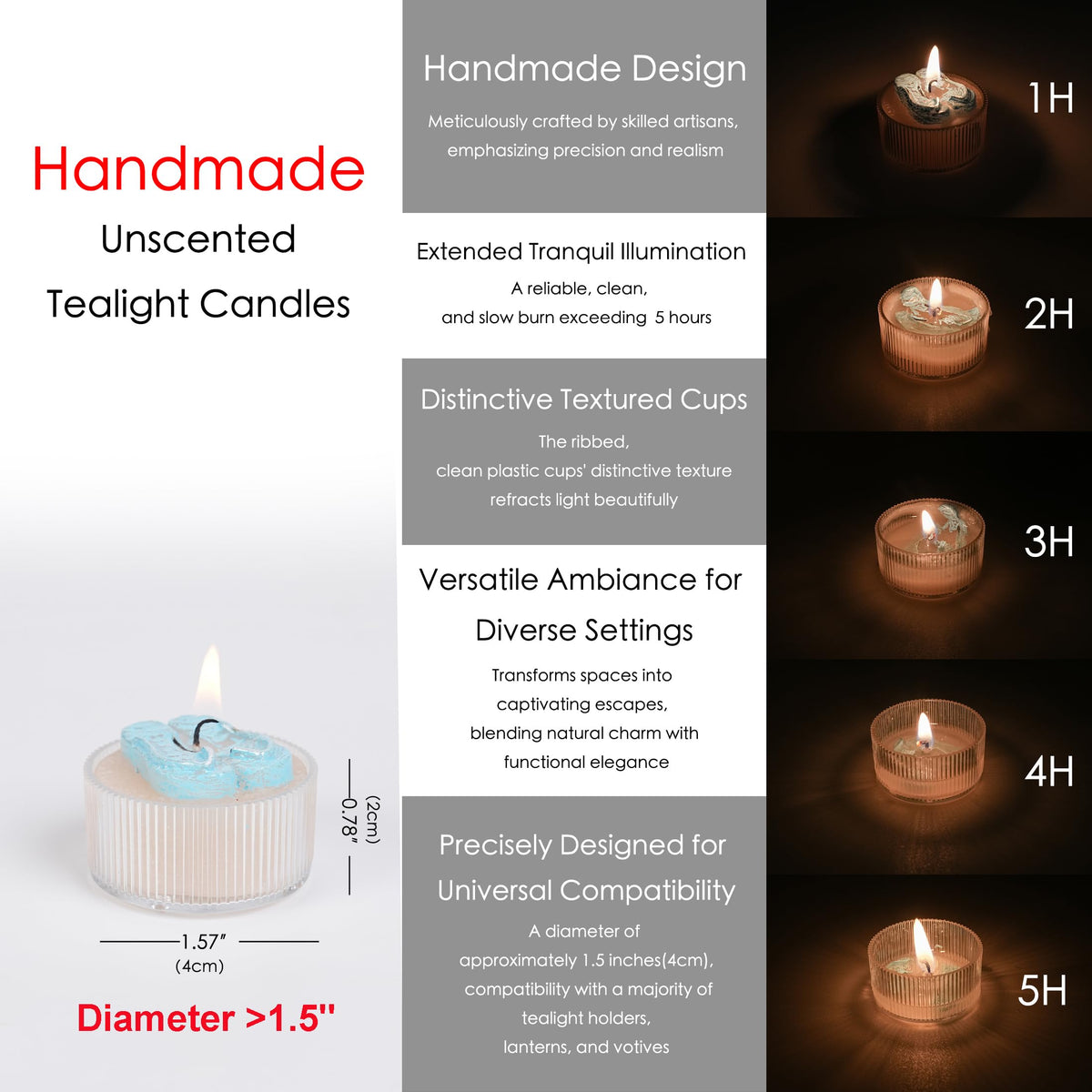 Set of 9 Handmade Unscented Ocean Theme Tealight Candles with Reusable Ribbed Cups, 5H Clean Burn, Ideal for Summer, Party, Meditation, Spa and Home Decor