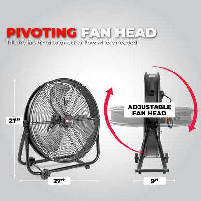 XtremepowerUS 24" Industrial Shop Fan High-Velocity Flow Drum Fan Floor Fan Rolling Drum Garage Tilt 3 Adjustable Speed Commercial, Gym, Garage Use, Black