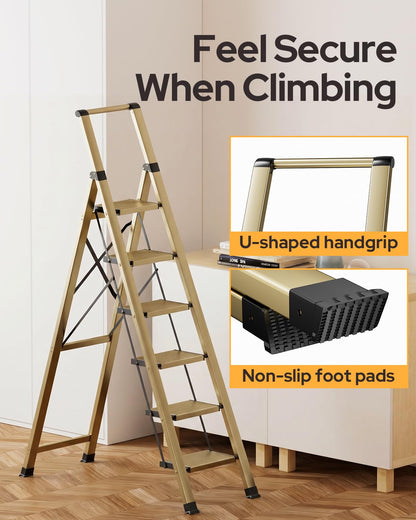 GameGem 6 Step Ladder for 12 Feet High Ceiling, Lightweight Aluminum Folding Step Stool with Convenient Handgrip, Stepladders with Anti-Slip and Wide Pedal for Home Use Space Saving - Gold