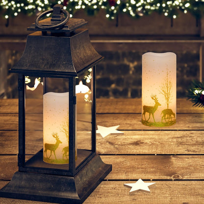 2Pack Christmas LED Flickering Flameless Candles, Battery Operated Wax Candles with Timer Remote, Flameless Pillar Candles with Forest Deer Decal for Home Decorations Christmas Gifts [Gold, 3"X6"]