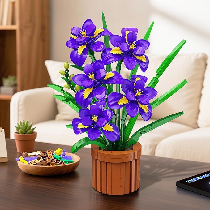 Flowers Botanicals Iris Building Set - Easter Artificial Purple Bonsai Plant for Home Office Décor 808PCS Flower Building Kit Indoor Decoration Floar Gift for Adults Wife Girlfriend Mom