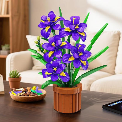 Flowers Botanicals Iris Building Set - Easter Artificial Purple Bonsai Plant for Home Office Décor 808PCS Flower Building Kit Indoor Decoration Floar Gift for Adults Wife Girlfriend Mom