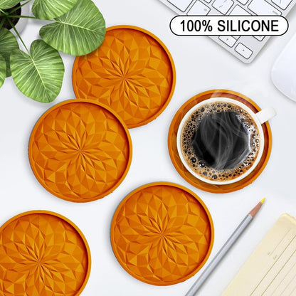 ME.FAN Silicone Coasters with Holder,[6 Pack] Drinking Coasters - Cup Mat for Hot or Cold Drinks, Thickened, Non-Slip, Non-stick,Deep Tray Orange