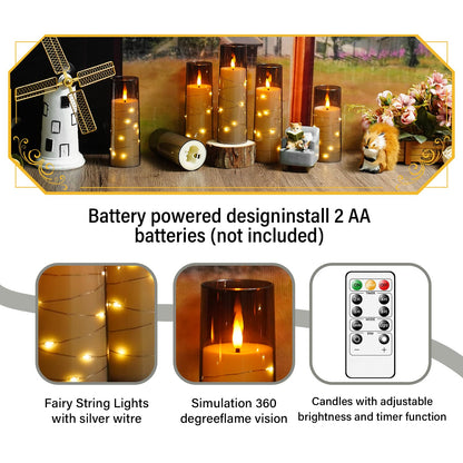 Flameless Candles with Embedded Star String, 12 Pcs Battery Operated LED Pillar Candles with Remote and Timer, Suitable for Home Decor, Party, Christmas & Wedding (Grey)