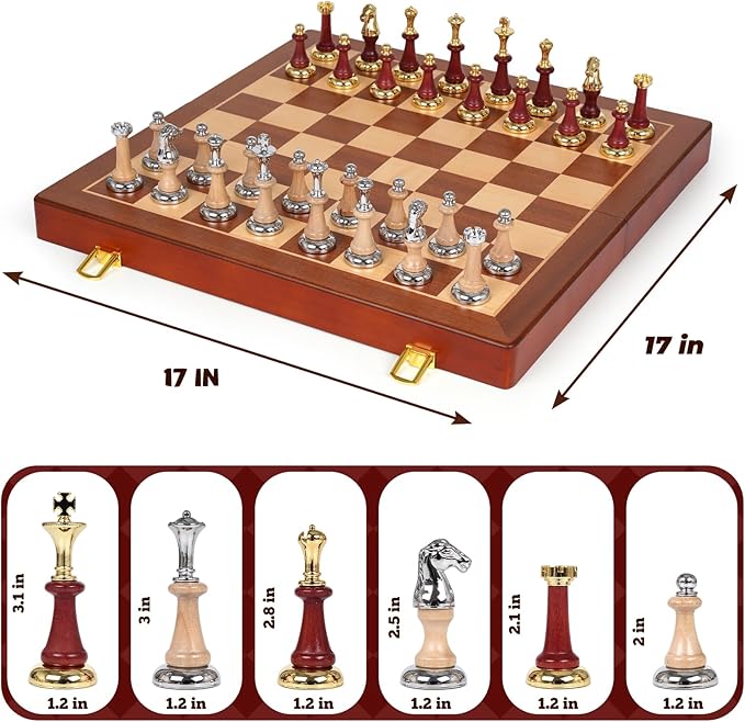 Large Wooden Chess Set with Metal &amp Wooden Chess Pieces Luxury 17 Inch Chess Board Game with 2 Extra Queens Premium Classic Strategy Board Game for Adults Kids Beginners &amp Gift Lovers