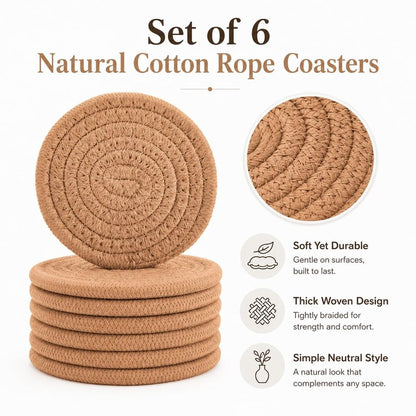 ABenkle Woven Coasters for Drinks Set of 6, Boho Absorbent Drinking Coaster, 4.3 Inch - Perfect Housewarming Gift, Home Decor, Bar Essentials for Coffee Table