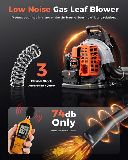HTK Backpack Blower, 63CC Gas Powered Leaf Blower with 665 CFM & 205 MPH for Commercial Lawn Care, Yard Debris & Snow Removal (Orange)