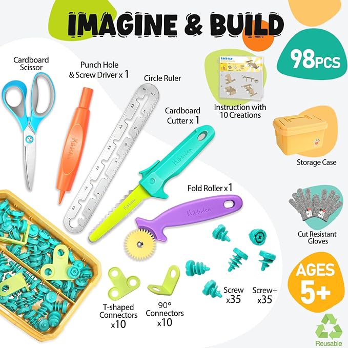 Cardboard Tools for Kids 98 Pcs Resuable Cardboard Construction Tools with Cutter for Family &amp Classrom Activities STEM Educational Construction Building Kit Toys for Boys &amp Girls Ages 5+ (9