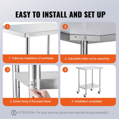 VEVOR Stainless Steel Work Table 24 x 30 x 38 Inch, with 4 Wheels, 3 Adjustable Height Levels, Heavy Duty Food Prep Worktable for Commercial Kitchen Restaurant, Silver