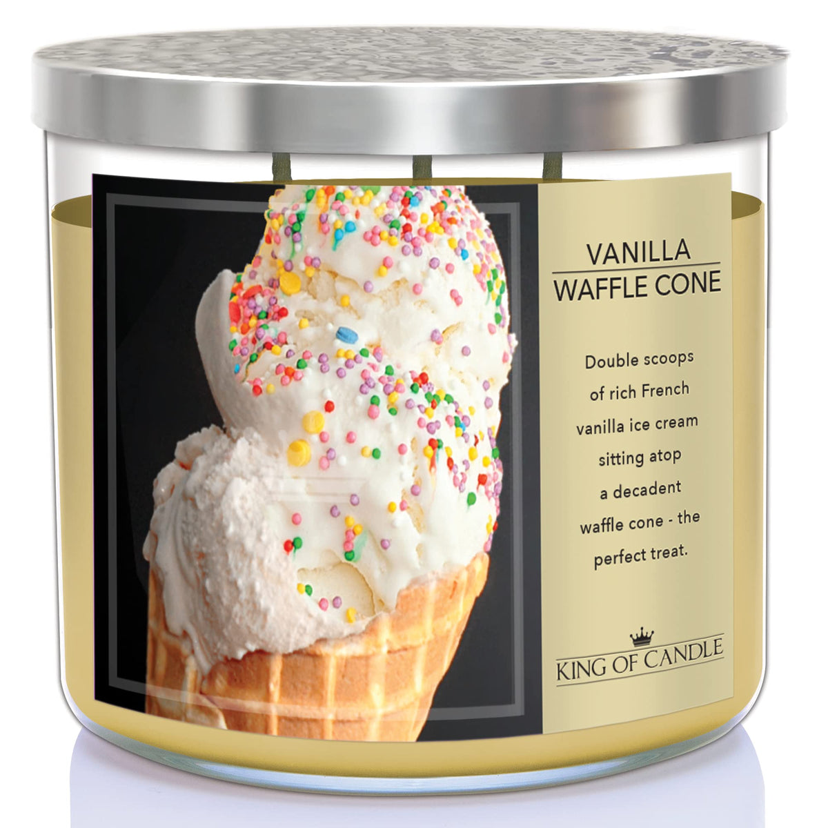 King of Candle - Vanilla Waffle Cone Candle | Large 3 Wick Highly Scented Soy Wax/Long Lasting/Vanilla Bean Ice Cream Scented Candle | 14 oz + Decorative Lid