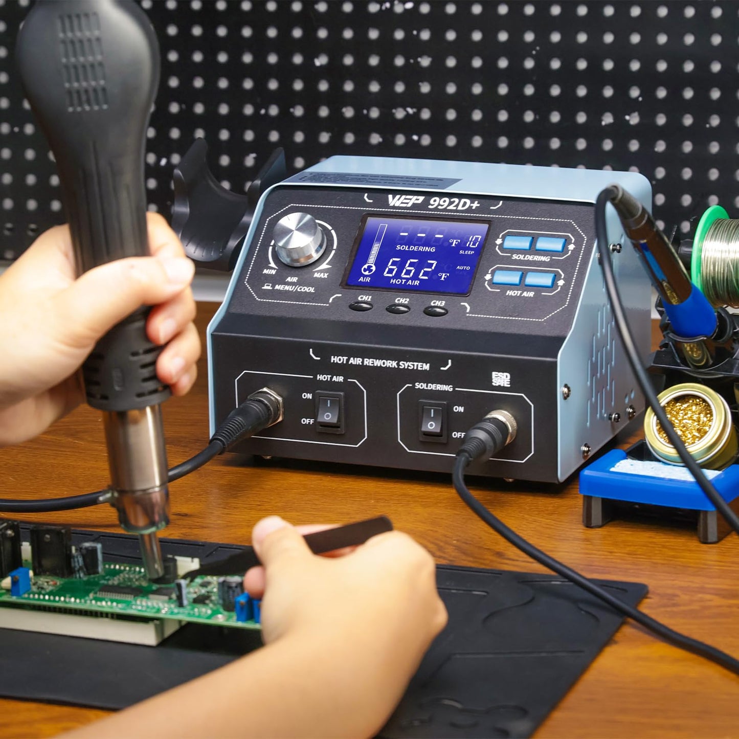 WEP 992D+ 2-in-1 Soldering Iron Kit and Hot Air Rework Station with 3 Preset Channels, LCD Display, Interchangeable Handles, Sleep Mode, X-2 Iron Holder, 5 Iron Tips, Desoldering Pump and Tweezers
